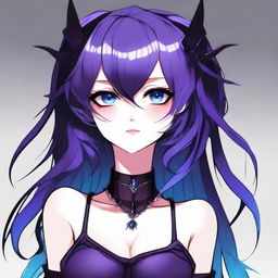 Ilustración de estilo anime de una chica mitad demonio con cabello largo en dos coletas