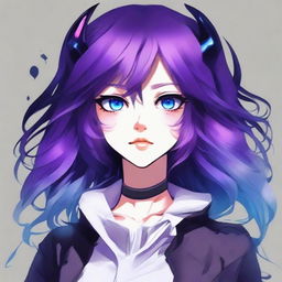 Ilustración de estilo anime de una chica mitad demonio con cabello largo en dos coletas