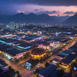 Laos reinterpreted in a cyberpunk aesthetic, blending its traditional scenery and architectural styles with the vibrancy of neon lights and futuristic technology typically seen in a high-tech city.