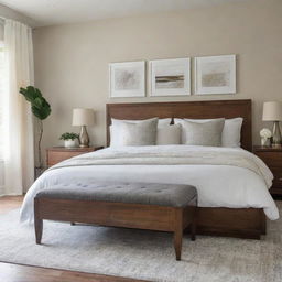 A modern and stylish bedroom filled with natural light, having a comfortable king-size bed, a wooden dresser, accented by chic wall art, and soft-white draperies.