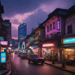 Laos reinterpreted in a cyberpunk aesthetic, blending its traditional scenery and architectural styles with the vibrancy of neon lights and futuristic technology typically seen in a high-tech city.