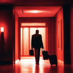 A man arriving at a hotel, walking through the entrance door with a red light shining through