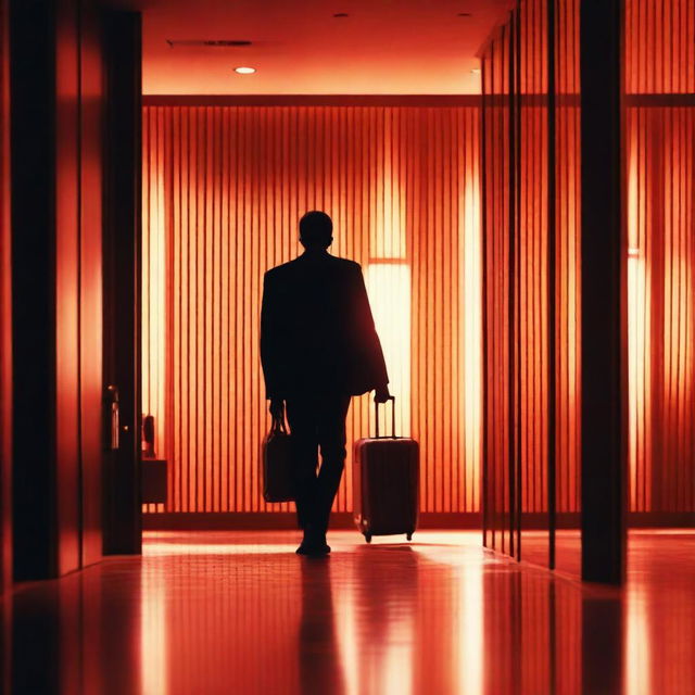 A man arriving at a hotel, walking through the entrance door with a red light shining through