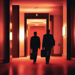 A man arriving at a hotel, walking through the entrance door with a red light shining through