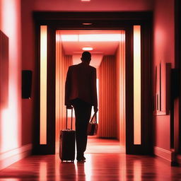 A man arriving at a hotel, walking through the entrance door with a red light shining through