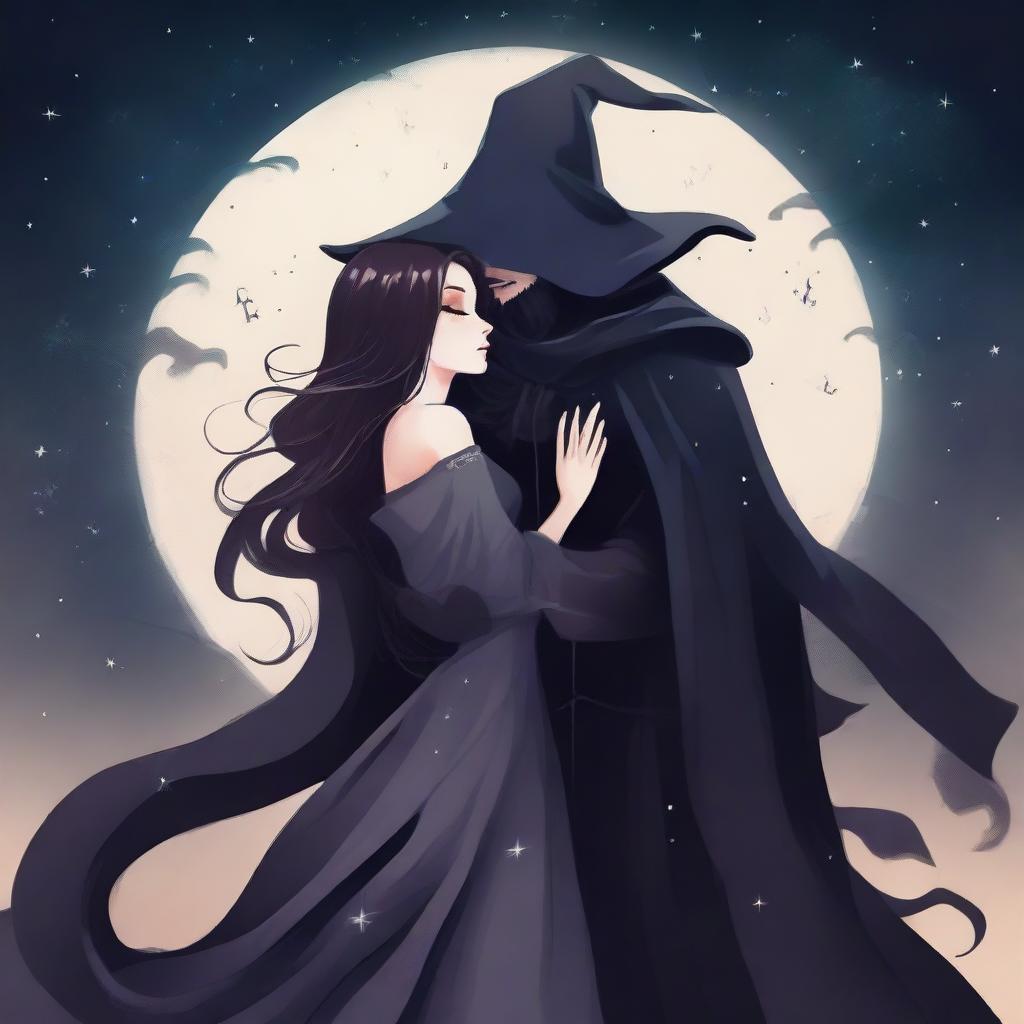 A handsome reaper, dressed in a stylish dark cloak, gently holding a beautiful witch in his arms