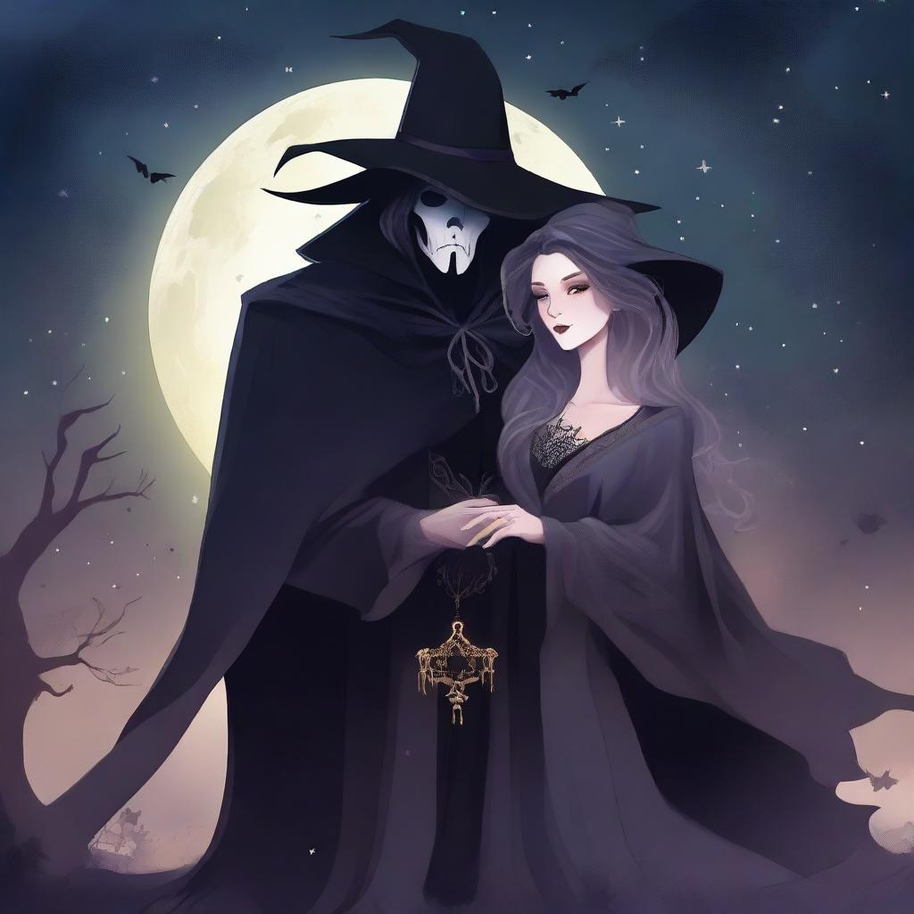 A handsome reaper, dressed in a stylish dark cloak, gently holding a beautiful witch in his arms