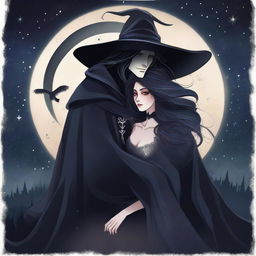 A handsome reaper, dressed in a stylish dark cloak, gently holding a beautiful witch in his arms