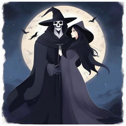 A handsome reaper, dressed in a stylish dark cloak, gently holding a beautiful witch in his arms