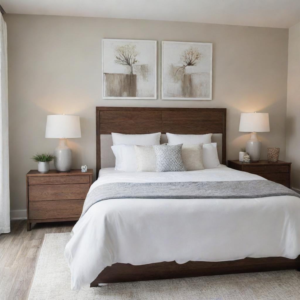 A modern and stylish bedroom filled with natural light, having a comfortable king-size bed, a wooden dresser, accented by chic wall art, and soft-white draperies.