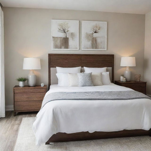 A modern and stylish bedroom filled with natural light, having a comfortable king-size bed, a wooden dresser, accented by chic wall art, and soft-white draperies.