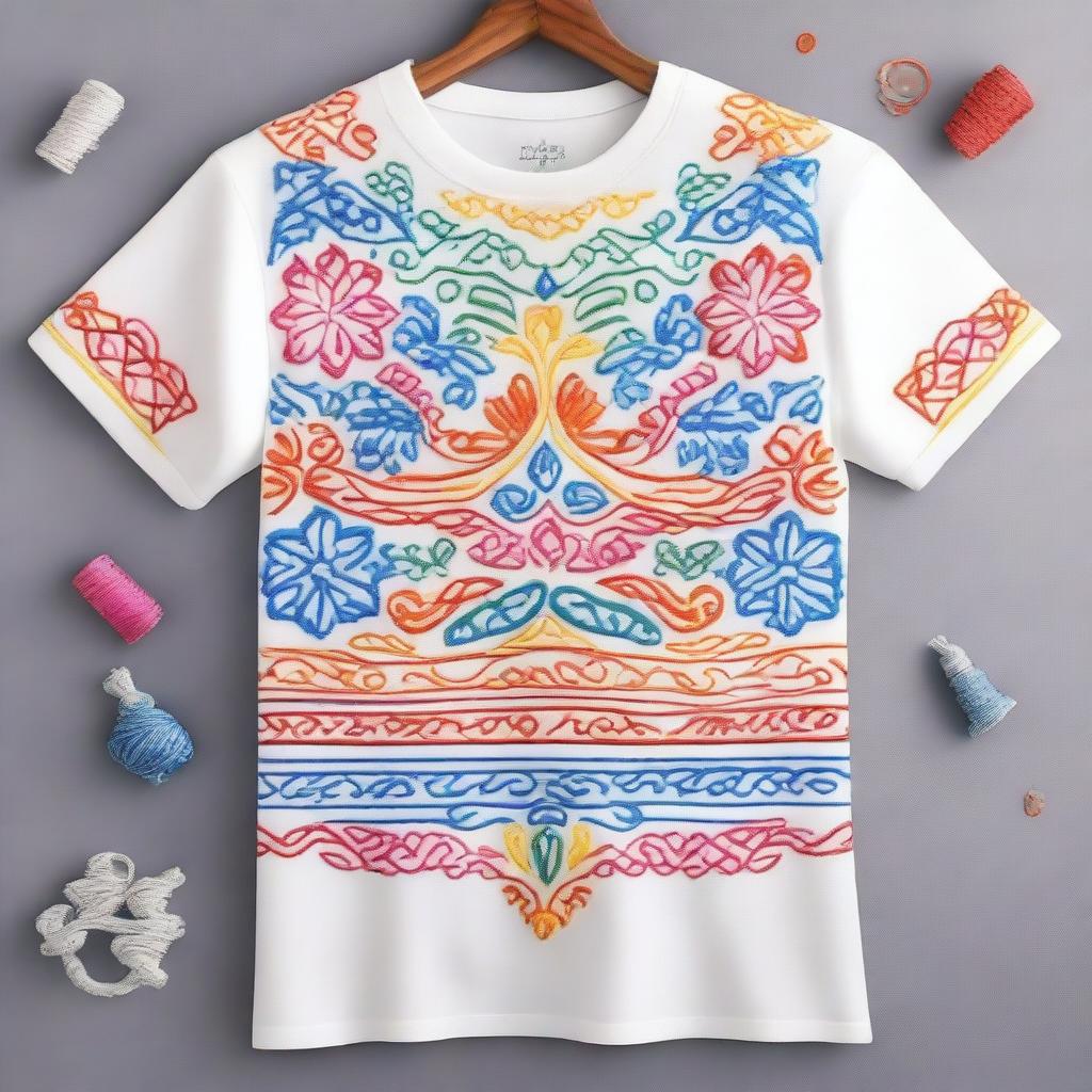 A detailed and colorful embroidery design on a t-shirt, featuring intricate patterns and vibrant colors