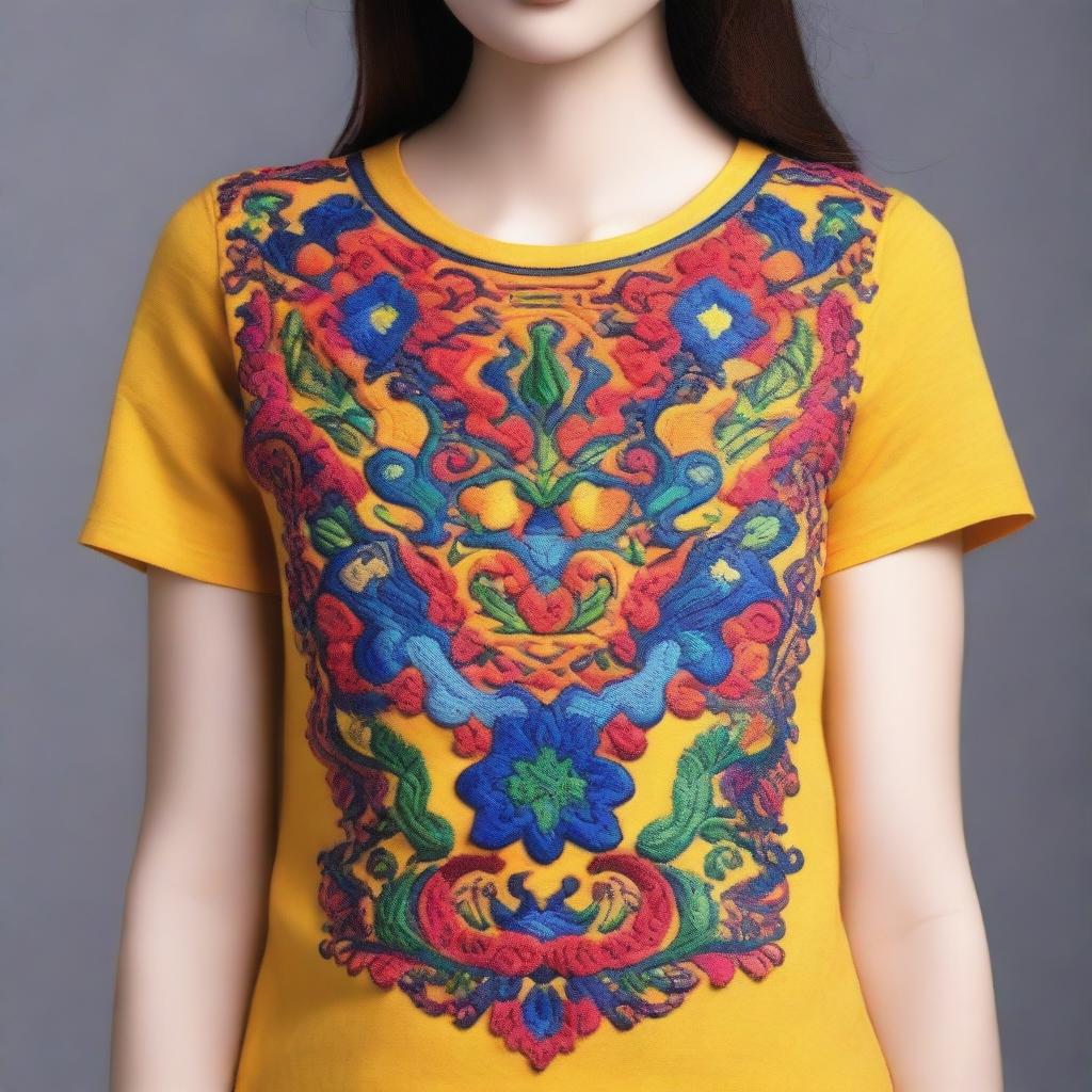 A detailed and colorful embroidery design on a t-shirt, featuring intricate patterns and vibrant colors