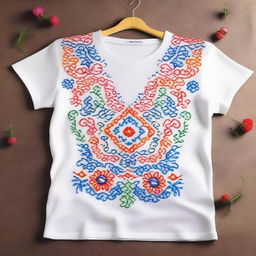 A detailed and colorful embroidery design on a t-shirt, featuring intricate patterns and vibrant colors