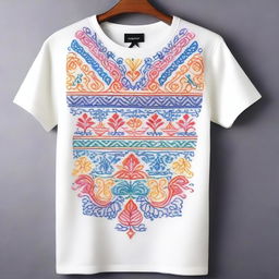 A detailed and colorful embroidery design on a t-shirt, featuring intricate patterns and vibrant colors