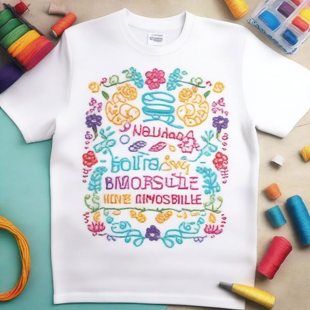 A detailed and colorful embroidery design on a t-shirt with the inspirational quote 'Nothing is impossible' prominently displayed