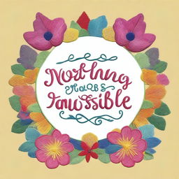 A detailed and colorful embroidery design on a t-shirt with the inspirational quote 'Nothing is impossible' prominently displayed