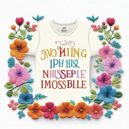 A detailed and colorful embroidery design on a t-shirt with the inspirational quote 'Nothing is impossible' prominently displayed