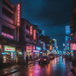 Laos reinterpreted in a cyberpunk aesthetic, blending its traditional scenery and architectural styles with the vibrancy of neon lights and futuristic technology typically seen in a high-tech city.