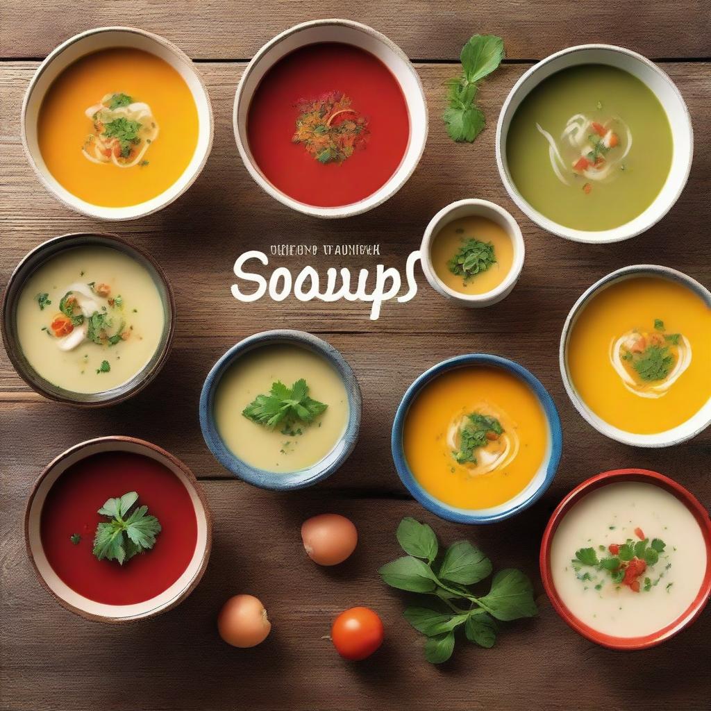 A realistic and appetizing image of various soups in bowls, arranged on a rustic wooden table