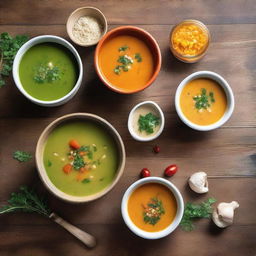 A realistic and appetizing image of various soups in bowls, arranged on a rustic wooden table