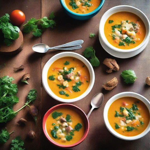 A realistic and appetizing image of various soups in bowls, arranged on a rustic wooden table