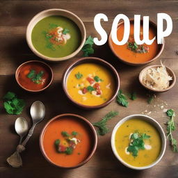 A realistic and appetizing image of various soups in bowls, arranged on a rustic wooden table