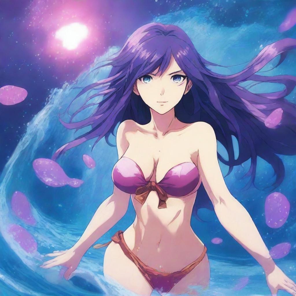 Una chica anime villana bajo el agua, con un bikini apocalíptico de Atlantis destruido