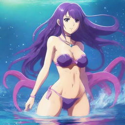 Una chica anime villana bajo el agua, con un bikini apocalíptico de Atlantis destruido