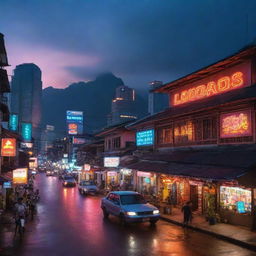 Laos reinterpreted in a cyberpunk aesthetic, blending its traditional scenery and architectural styles with the vibrancy of neon lights and futuristic technology typically seen in a high-tech city.