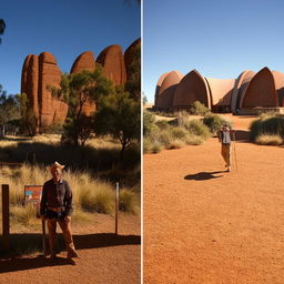 A man from Australia, standing in front of notable Australian landmarks, wearing traditional outback attire.