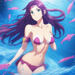 Una chica anime villana bajo el agua, con un bikini apocalíptico de Atlantis destruido