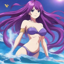 Una chica anime villana bajo el agua, con un bikini apocalíptico de Atlantis destruido