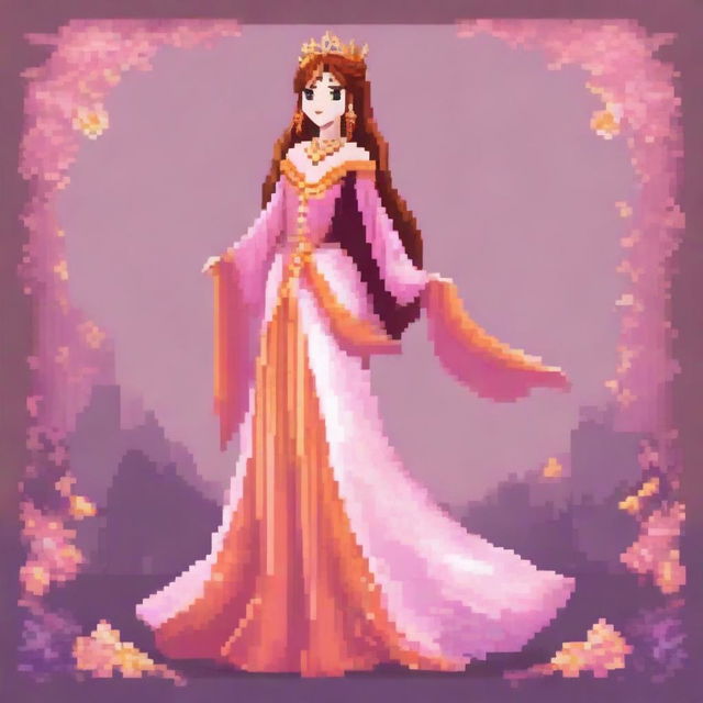 A pixel art depiction of a fantasy princess avatar with a pink and orange color scheme