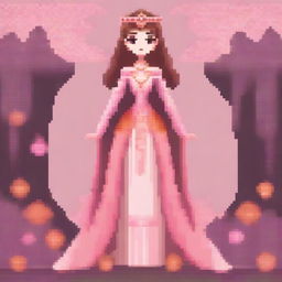 A pixel art depiction of a fantasy princess avatar with a pink and orange color scheme