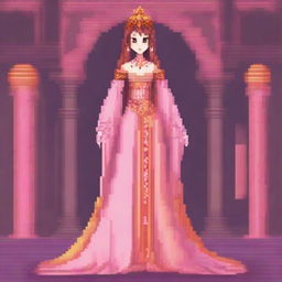 A pixel art depiction of a fantasy princess avatar with a pink and orange color scheme