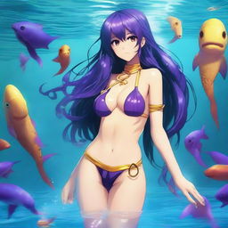 Una chica anime villana se encuentra bajo el agua, llevando un bikini apocalíptico inspirado en una Atlantis destruida, pero con un diseño más grueso y robusto