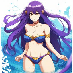 Una chica anime villana se encuentra bajo el agua, llevando un bikini apocalíptico inspirado en una Atlantis destruida, pero con un diseño más grueso y robusto