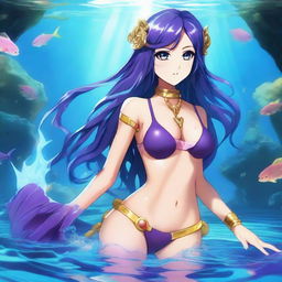 Una chica anime villana se encuentra bajo el agua, llevando un bikini apocalíptico inspirado en una Atlantis destruida, pero con un diseño más grueso y robusto