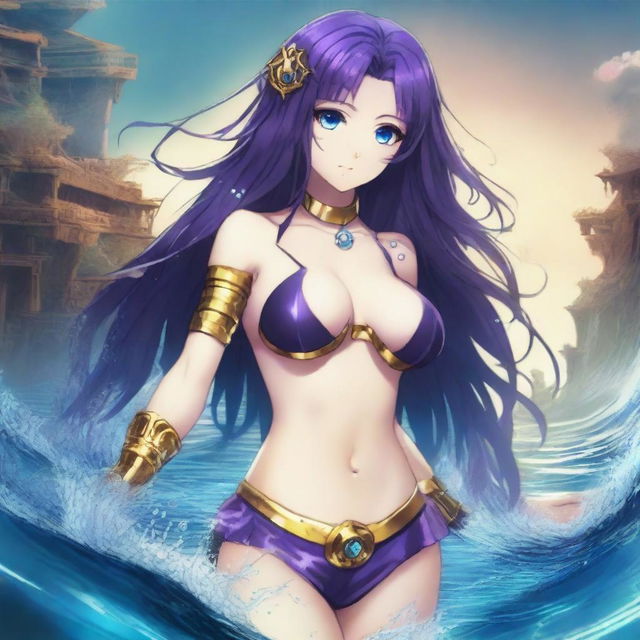 Una chica anime villana se encuentra bajo el agua, llevando un bikini apocalíptico inspirado en una Atlantis destruida, pero con un diseño más grueso y robusto