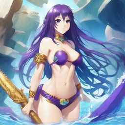 Una chica anime villana se encuentra bajo el agua, llevando un bikini apocalíptico inspirado en una Atlantis destruida, pero con un diseño de mayor grosor