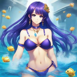 Una chica anime villana se encuentra bajo el agua, llevando un bikini apocalíptico inspirado en una Atlantis destruida, pero con un diseño de mayor grosor