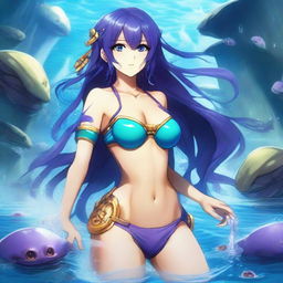 Una chica anime villana se encuentra bajo el agua, llevando un bikini apocalíptico inspirado en una Atlantis destruida, pero con un diseño de mayor grosor