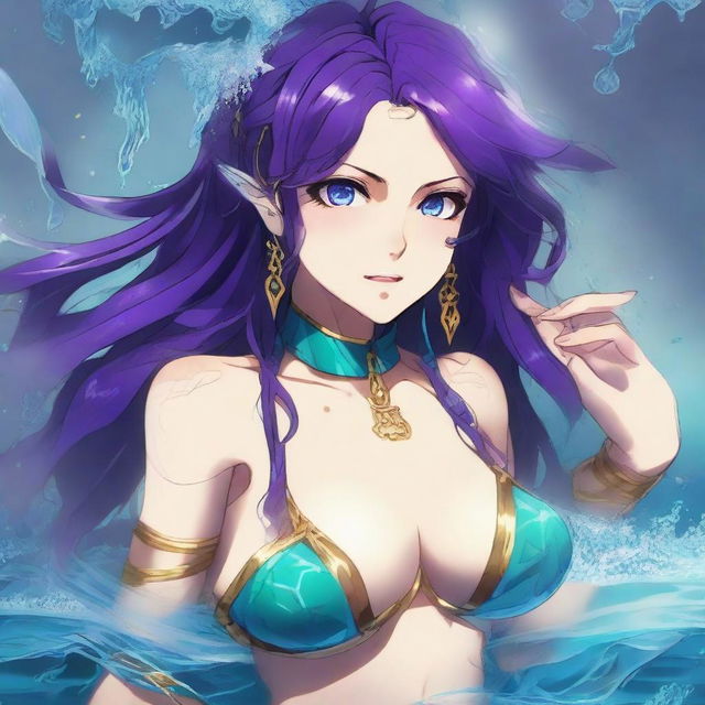 Una chica anime villana se encuentra bajo el agua, llevando un bikini apocalíptico inspirado en una Atlantis destruida, pero con un diseño de mayor grosor