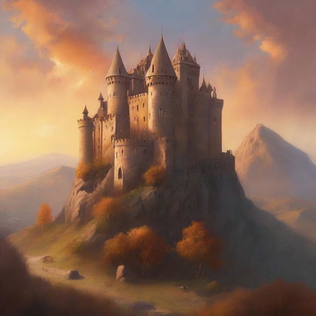 A majestic medieval castle perched atop a hill, bathed in the warm hues of a setting sun