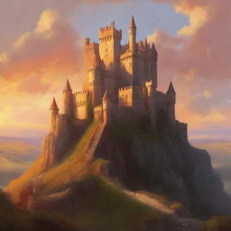 A majestic medieval castle perched atop a hill, bathed in the warm hues of a setting sun