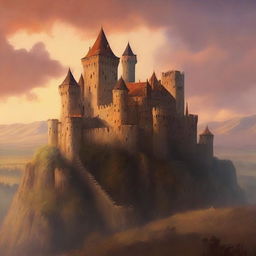 A majestic medieval castle perched atop a hill, bathed in the warm hues of a setting sun