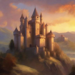 A majestic medieval castle perched atop a hill, bathed in the warm hues of a setting sun