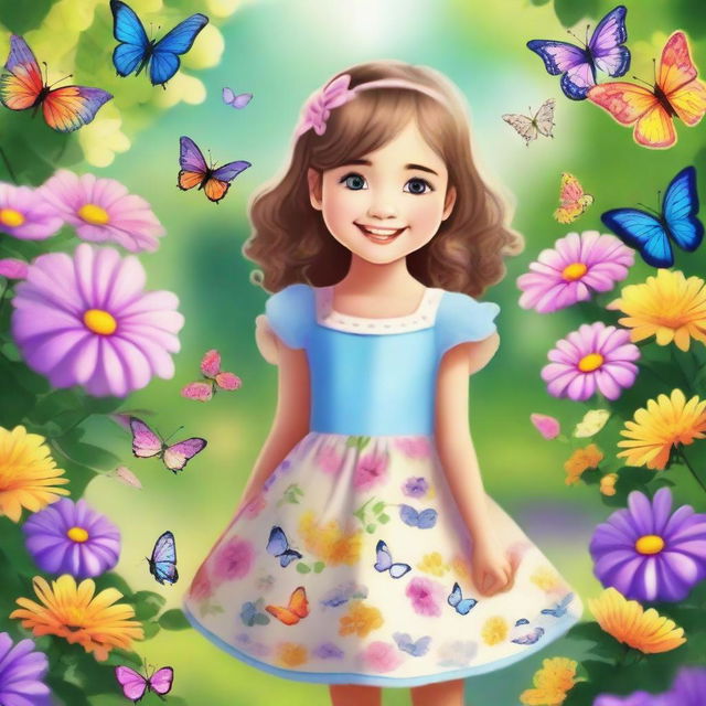 A charming and cheerful young girl with a bright smile, wearing a cute dress, standing in a beautiful garden filled with colorful flowers and butterflies