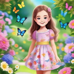 A charming and cheerful young girl with a bright smile, wearing a cute dress, standing in a beautiful garden filled with colorful flowers and butterflies